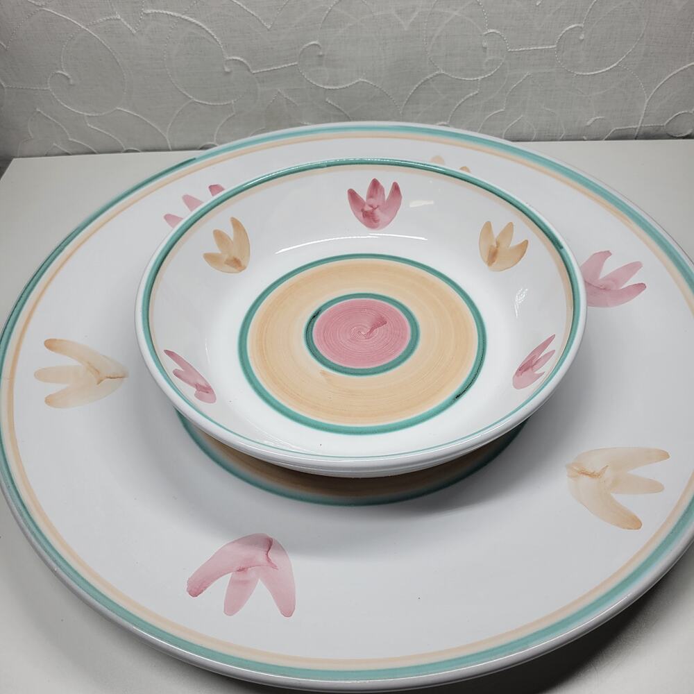 VTG Caleca‎ Pasta Platter Spaghetti Bowl Set White Ceramic Hand Painted Italy